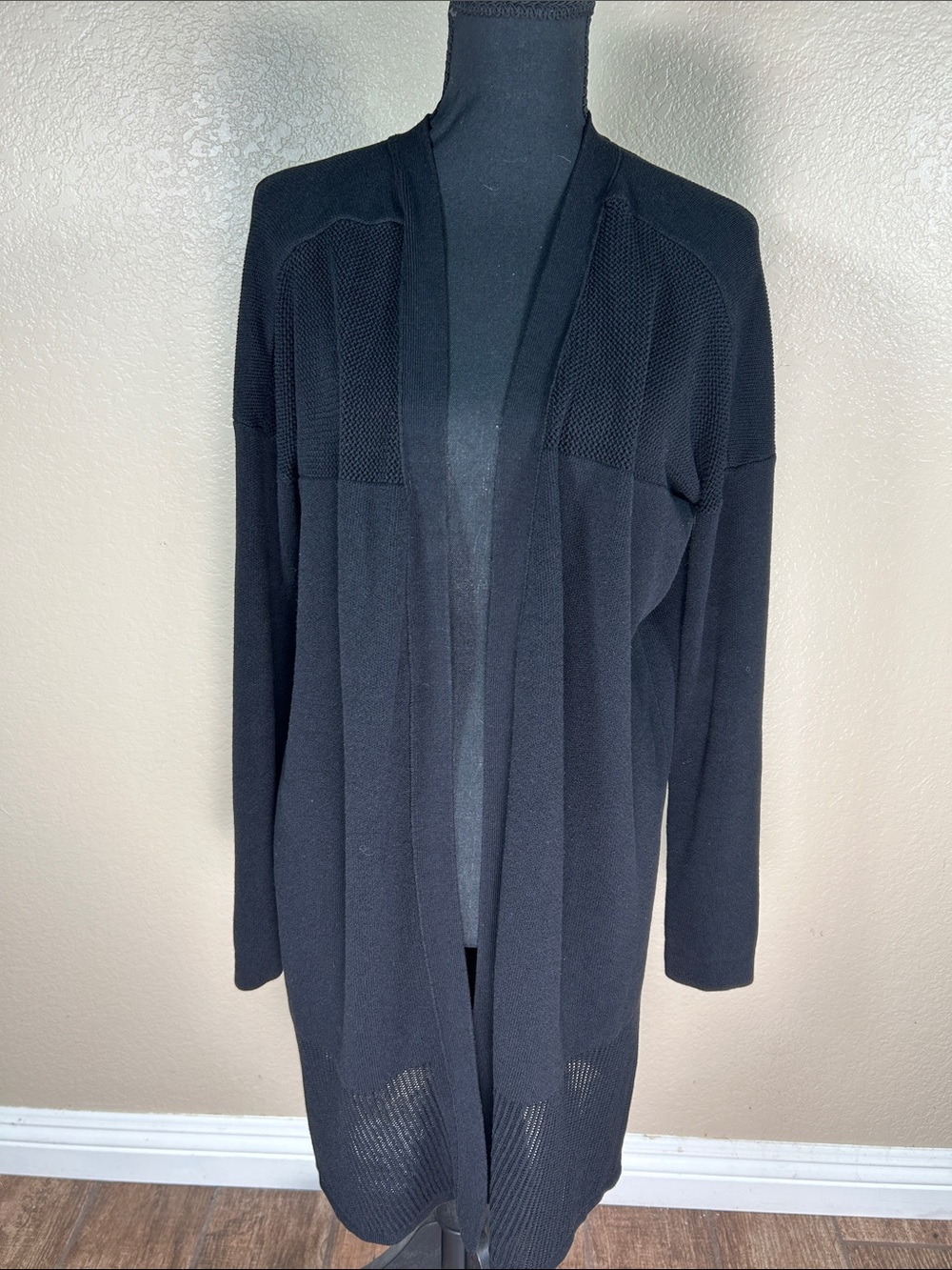 Athleta Black Long Cardigan Sweater Textured Knit Panels Size M